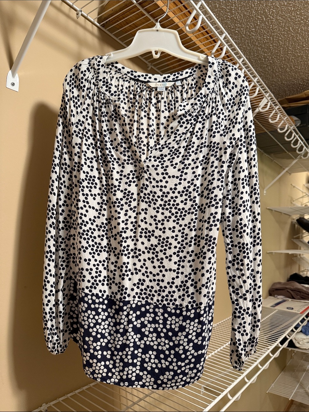 Women’s Cream and Black Dot Print Long-Sleeve Blouse
